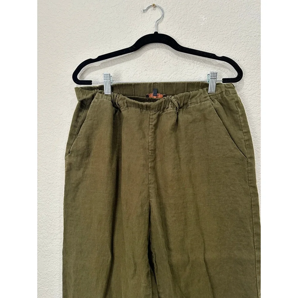 Quince European Linen Pants Olive Green Elastic Waist Tapered Leg Womens Medium